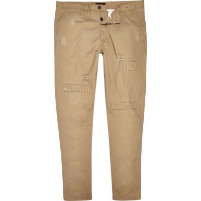 Brown skinny fit distressed casual trousers